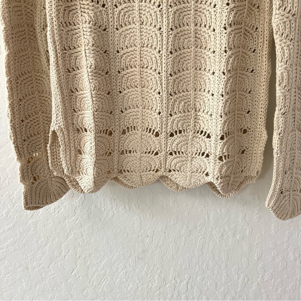 Chaser Cream Knit Crochet Scallop Slit Long Sleeve Pullover Sweater Small - Picture 3 of 6